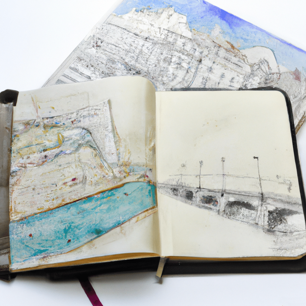 DALL·E 2023-05-09 17.20.34 - la photo d'un carnet de voyage d'artiste, ouvert et posé sur un fond blanc, avec des dessins au trait et à l'aquarelle à l'intérieur